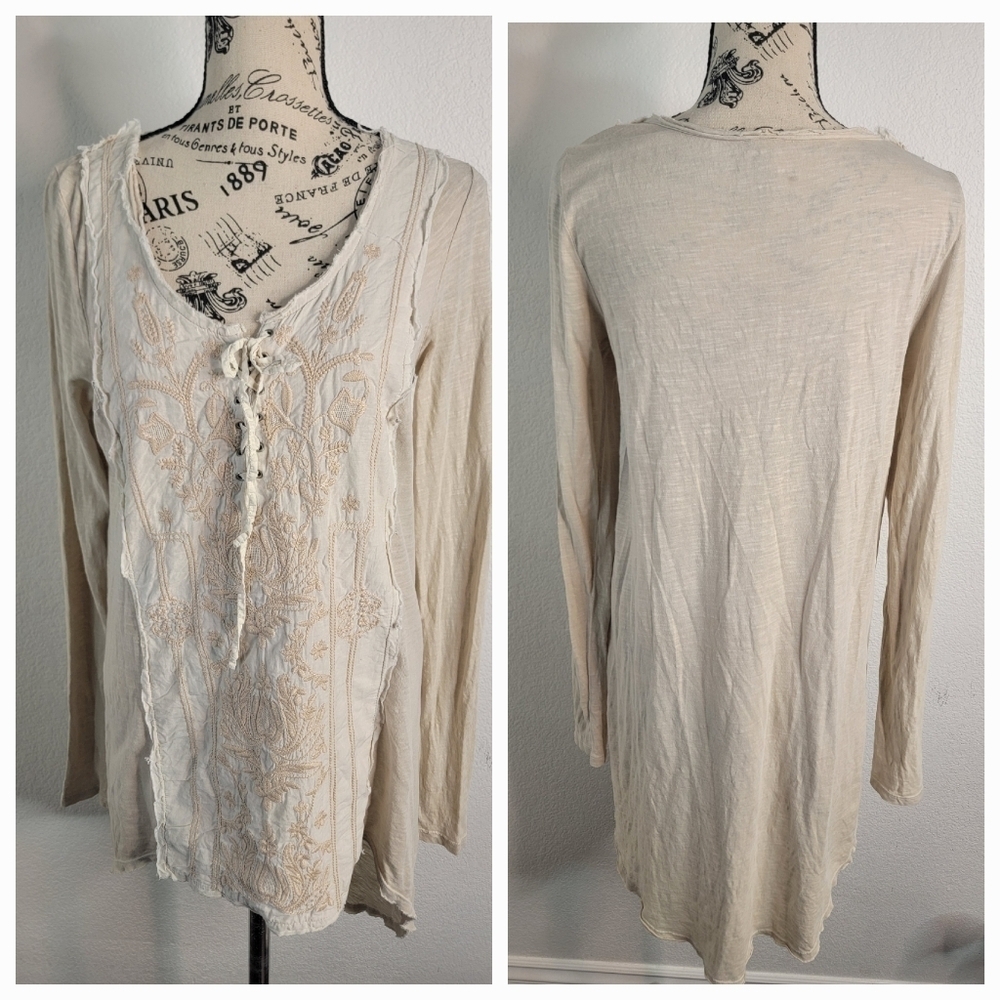 Free People Tunic Top S Lace Up Front Knit High Low Distressed Cottage Bohemian